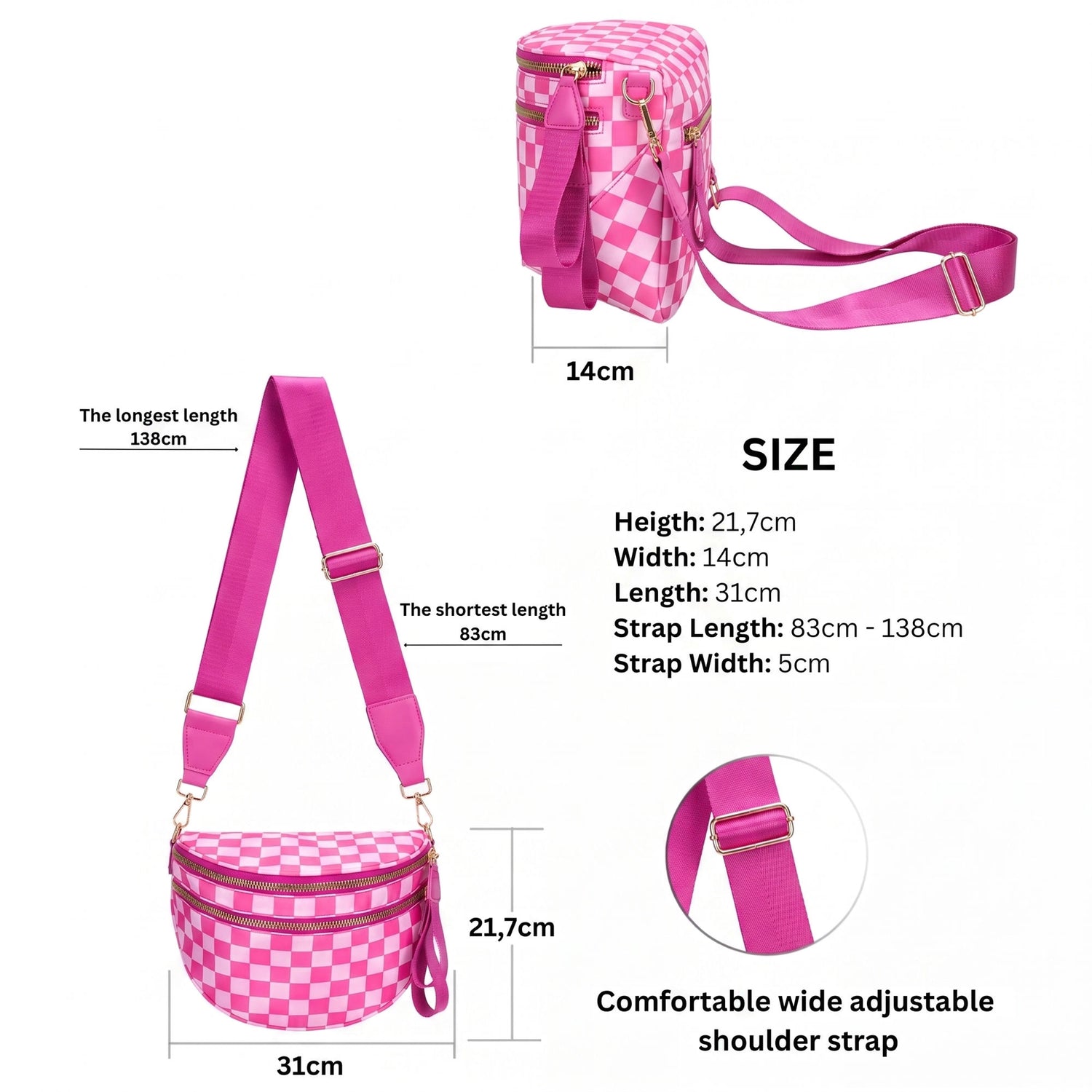 CARRIE pink checkered bum bag size chart